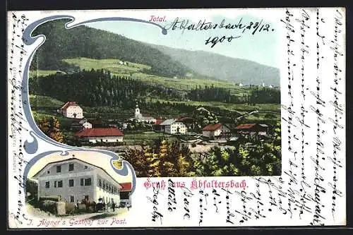 AK Abfaltersbach, J. Aigner`s Gasthof zur Post, Totalansicht mit Bergwiesen
