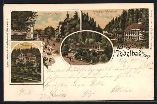 Lithographie Tobelbad b. Graz, Kaltes Bad und Wandelbahn, Kurplatz und Kirche, Aktienhaus