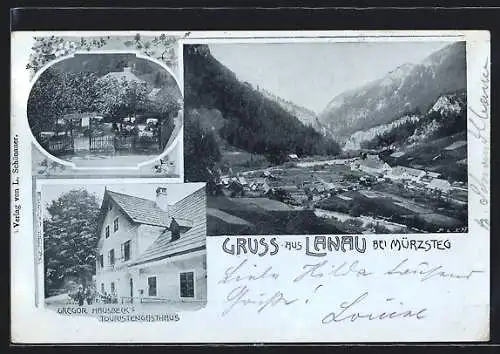 AK Neuberg an der Mürz, Lanau bei Mürzsteg, Gasthaus Gregor Huber mit Garten, Gesamtansicht