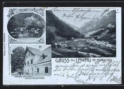 AK Neuberg an der Mürz, Lanau bei Mürzsteg, Gasthaus Gregor Huber mit Garten, Gesamtansicht
