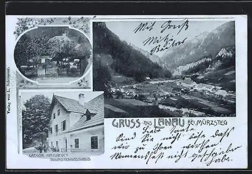 AK Neuberg an der Mürz, Lanau bei Mürzsteg, Gasthaus Gregor Huber mit Garten, Gesamtansicht