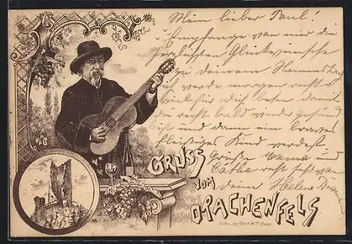 Vorläufer-Lithographie Drachenfels, 1895, Mann mit Gitarre, Ruine