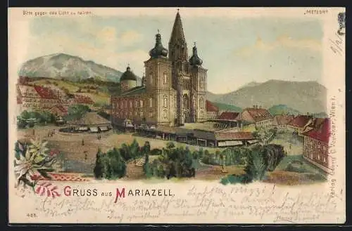 Lithographie Mariazell, Wallfahrtskirche, Gnadenbild im Himmel, Halt gegen das Licht