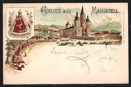 Vorläufer-Lithographie Mariazell, 1895, Wallfahrtskirche mit Prozession, Gnaden-Mutter