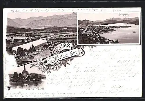 Vorläufer-Lithographie Pörtschach, 1894, Ortsansicht mit Velden und Maria Woerth