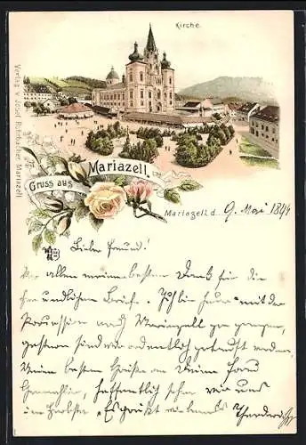 Vorläufer-Lithographie Mariazell, 1894, Ortsansicht mit Kirche