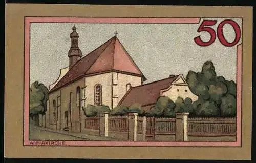 Notgeld Leobschütz 1921, 50 Pfennig, Wappen und Annakirche