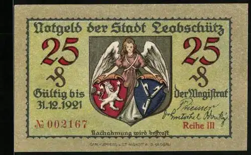 Notgeld Leobschütz 1921, 25 Pfennig, Wappen und Klosterkirche