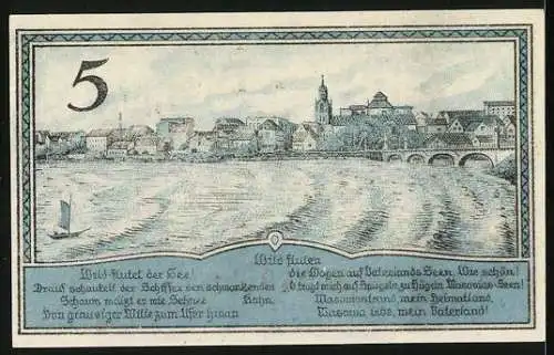Notgeld Lyck 1920, 5 Pfennig, Wappen und Teilansicht mit See