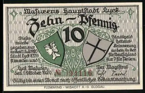 Notgeld Lyck 1920, 10 Pfennig, Wappen und See im Sturm