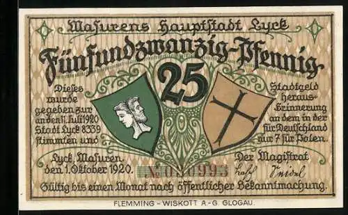 Notgeld Lyck 1920, 25 Pfennig, Wappen und Segelboot auf See