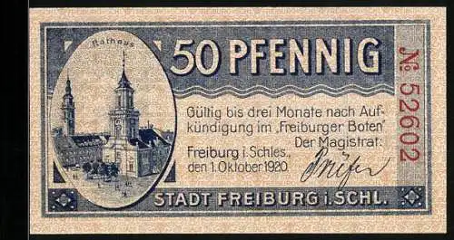 Notgeld Freiburg i. Schl. 1920, 50 Pfennig, Städtische Sparkasse und Rathaus