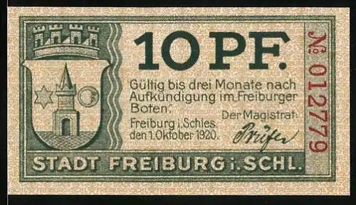 Notgeld Freiburg i. Schles. 1920, 10 Pfennig, Hugoschloss und Wappen