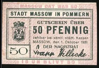 Notgeld Massow in Pommern 1920, 50 Pfennig, Wappen und Einigkeitsspruch
