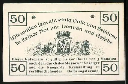 Notgeld Massow in Pommern 1920, 50 Pfennig, Wappen und Einigkeitsspruch