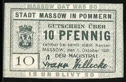Notgeld Massow in Pommern 1920, 10 Pfennig, Wappen und Einigkeitsspruch