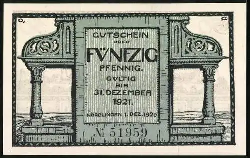 Notgeld Nördlingen 1920, 50 Pfennig, Stadtansicht