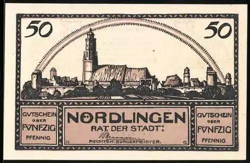Notgeld Nördlingen 1920, 50 Pfennig, Blick auf die Stadt