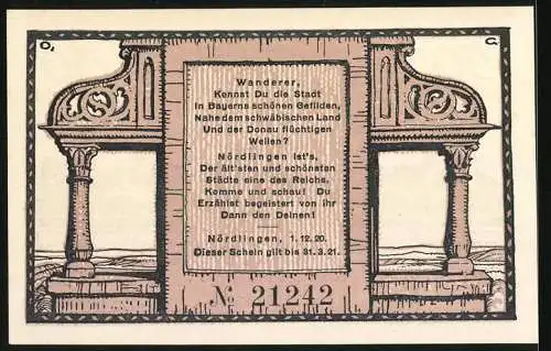 Notgeld Nördlingen 1920, 50 Pfennig, Blick auf die Stadt