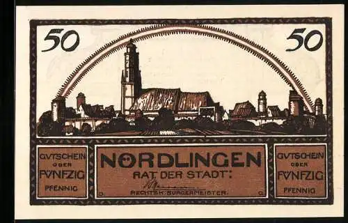 Notgeld Nördlingen 1920, 50 Pfennig, Blick auf die Stadt