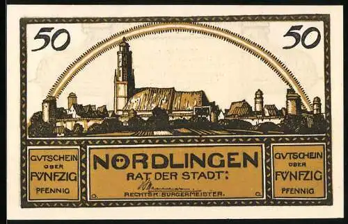 Notgeld Nördlingen 1920, 50 Pfennig, Blick auf die Stadt
