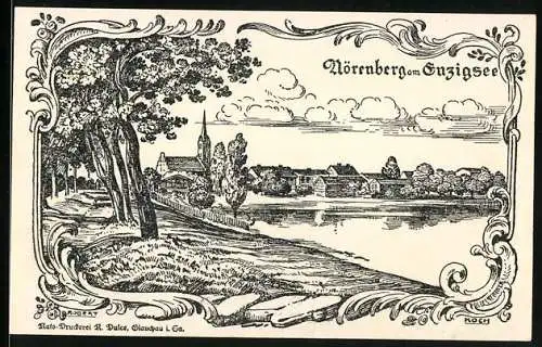 Notgeld Nörenberg am Enzigsee 1920, 75 Pfennig, Ortsansicht mit Seeufer