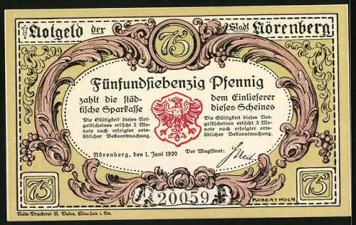 Notgeld Nörenberg am Enzigsee 1920, 75 Pfennig, Ortsansicht mit Seeufer