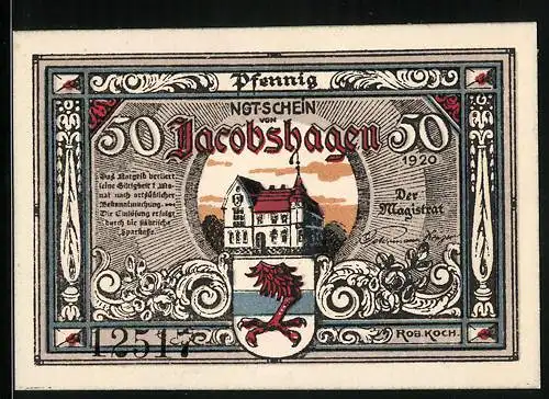 Notgeld Jacobshagen 1920, 50 Pfennig, Rathaus und Figur bei der Saat