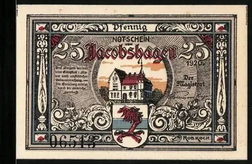 Notgeld Jacobshagen 1920, 25 Pfennig, Rathaus und Figur bei der Aussaat