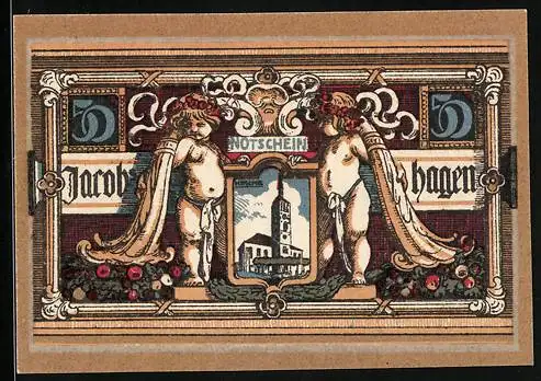 Notgeld Jacobshagen 1920, 50 Pfennig, Rathaus und Kirche