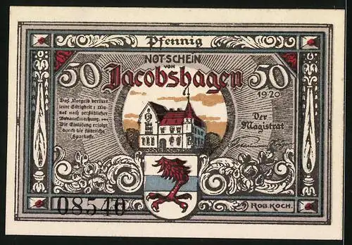 Notgeld Jacobshagen 1920, 50 Pfennig, Rathaus und Kirche