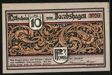 Notgeld Jacobshagen 1920, 10 Pfennig, Burg Satzig, Rathaus und Kirche