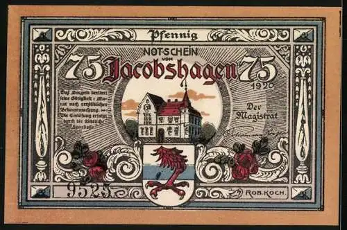 Notgeld Jacobshagen 1920, 75 Pfennig, Rathaus und Kirche