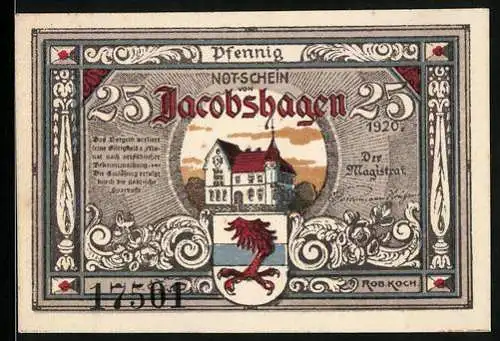Notgeld Jacobshagen 1920, 25 Pfennig, Rathaus und Kirche