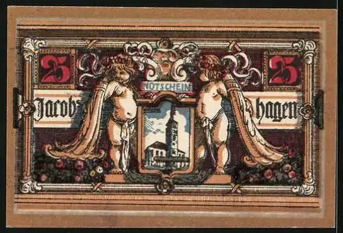 Notgeld Jacobshagen 1920, 25 Pfennig, Rathaus und Kirche