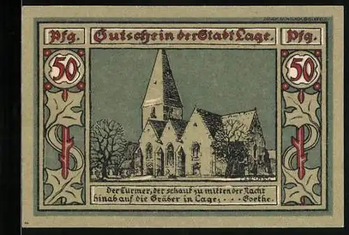 Notgeld Lage 1921, 50 Pfennig, Kirche und Goethe-Zitat