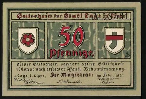 Notgeld Lage 1921, 50 Pfennig, Kirche und Goethe-Zitat