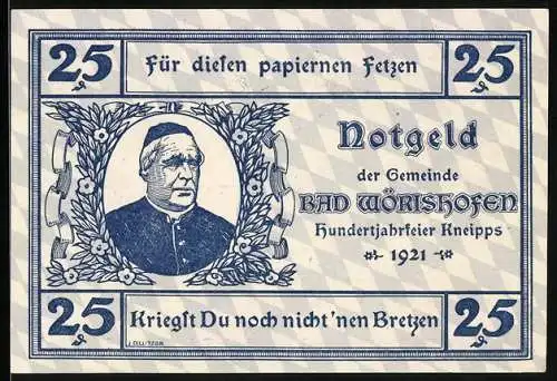 Notgeld Bad Wörishofen 1921, 25 Pfennig, Kirche und Portrait Kneipps