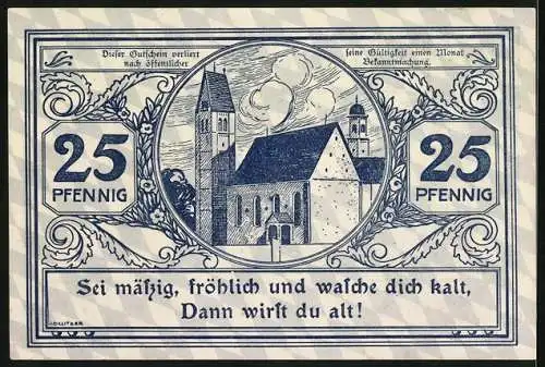 Notgeld Bad Wörishofen 1921, 25 Pfennig, Kirche und Portrait Kneipps