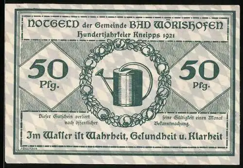 Notgeld Bad Wörishofen 1921, 50 Pfennig, Gieskanne und Kurhaus