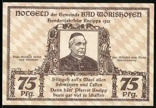 Notgeld Bad Wörishofen 1921, 75 Pfennig, Schloss und Portrait Kneipps