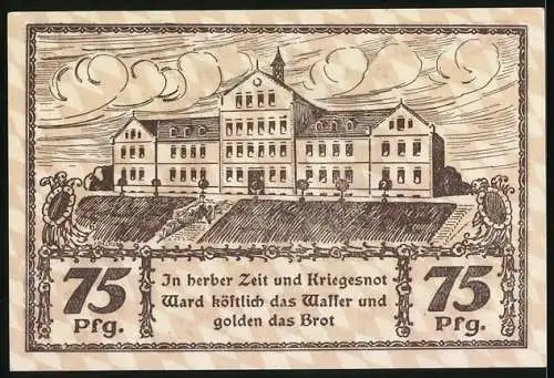 Notgeld Bad Wörishofen 1921, 75 Pfennig, Schloss und Portrait Kneipps