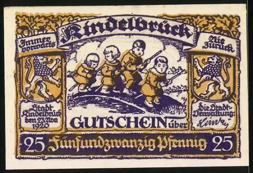 Notgeld Kindelbrück 1920, 25 Pfennig, Kirche und Kinder auf Brücke