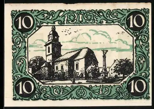 Notgeld Kindelbrück 1920, 10 Pfennig, Kirche und Kinder auf Brücke
