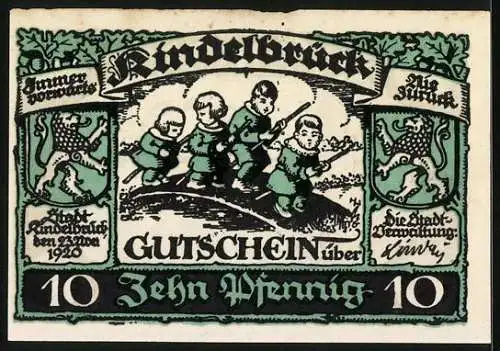 Notgeld Kindelbrück 1920, 10 Pfennig, Kirche und Kinder auf Brücke