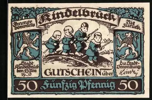 Notgeld Kindelbrück 1920, 50 Pfennig, Teich und Kinder auf Brücke