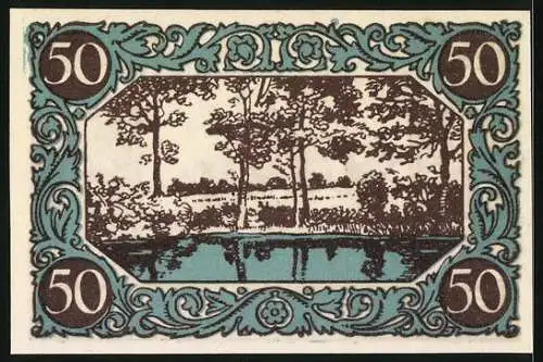 Notgeld Kindelbrück 1920, 50 Pfennig, Teich und Kinder auf Brücke