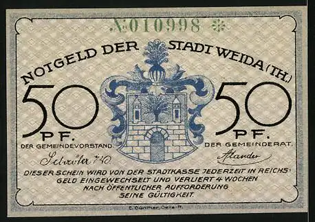 Notgeld Weida /Th., 50 Pfennig, Weidaer Lederverarbeitung