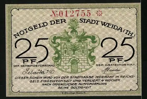 Notgeld Weida /Th., 25 Pfennig, Weidaer Textilindustrie und Wappen