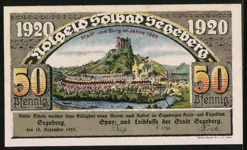 Notgeld Segeberg 1920, 50 Pfennig, Stadt und Burg im Jahre 1580